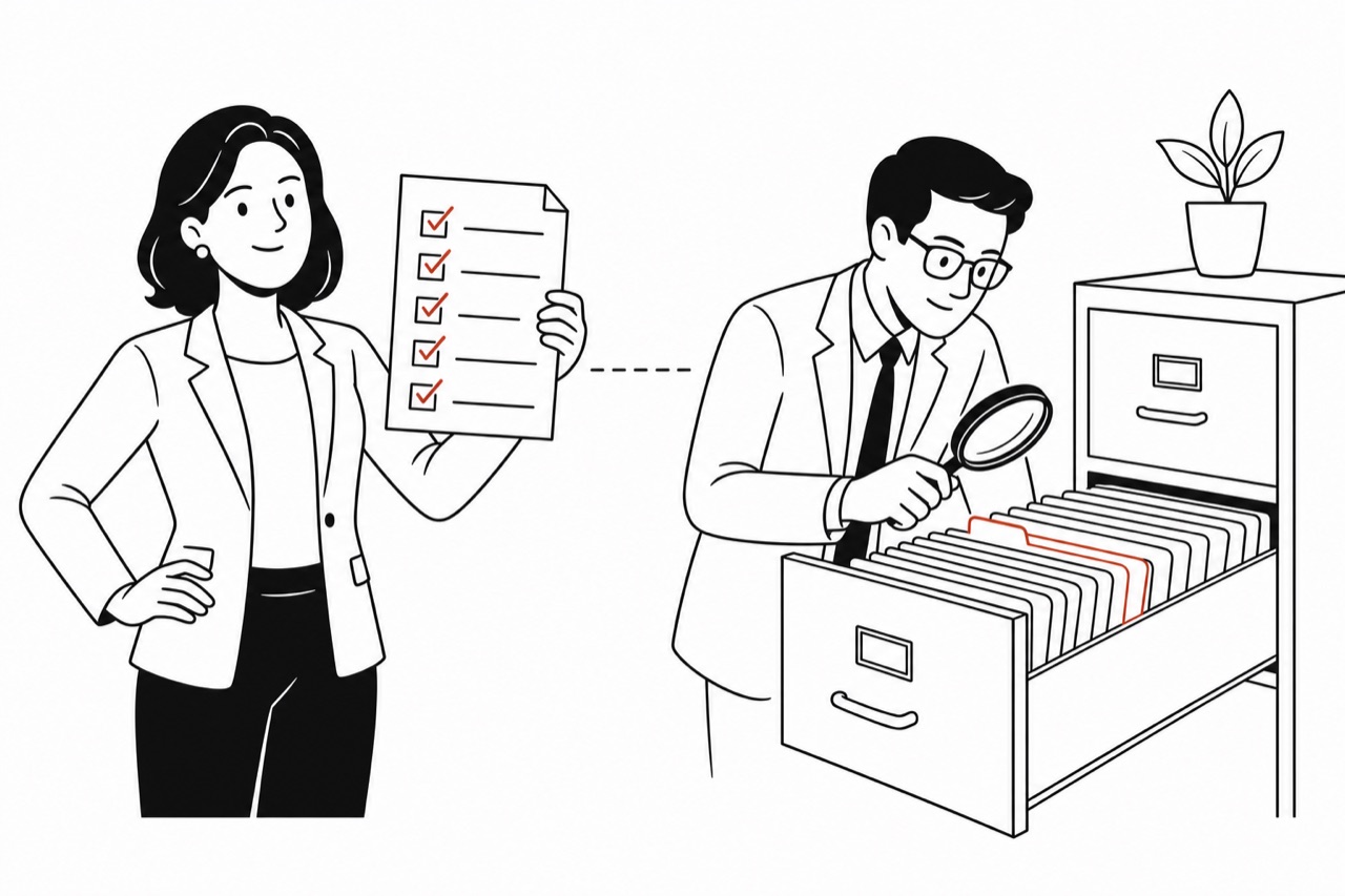 한 사람은 체크 표시가 가득한 설문지를 들고 있고, 다른 사람은 돋보기로 서류함의 기록을 살펴본다. 두 사람 사이에 비교를 뜻하는 점선이 있다.