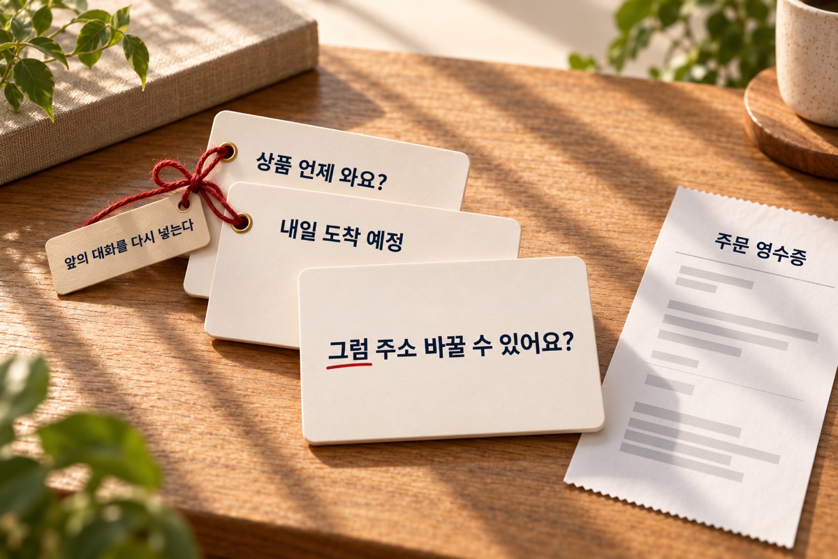 ‘상품 언제 와요?’와 ‘내일 도착 예정’ 카드가 ‘앞의 대화를 다시 넣는다’ 꼬리표로 묶여 ‘그럼 주소 바꿀 수 있어요?’ 카드 뒤에 붙어 있고, 옆에 주문 영수증이 있습니다.
