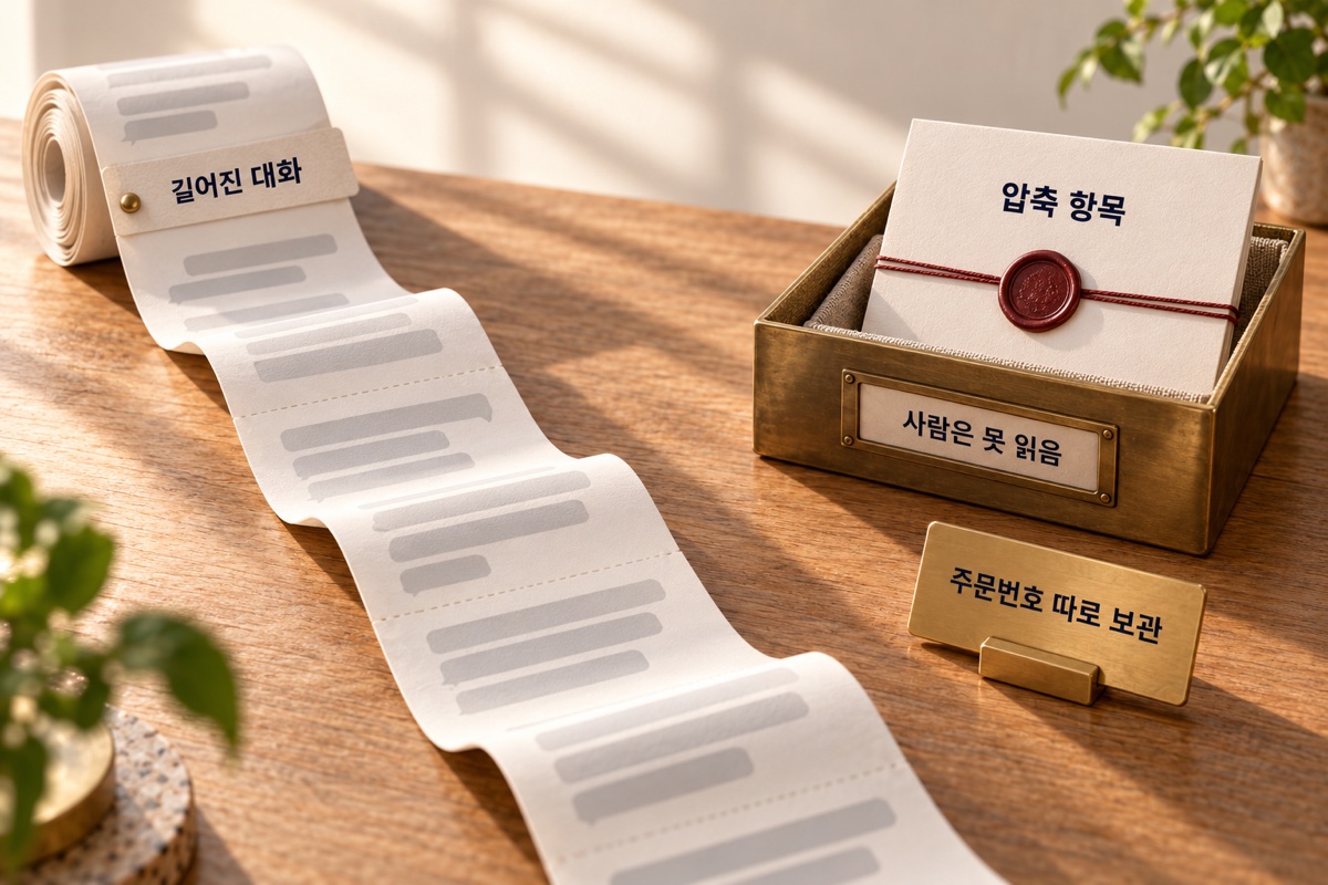 길게 풀린 ‘길어진 대화’ 두루마리 옆 놋쇠 상자에 봉인된 ‘압축 항목’ 카드가 있고 ‘사람은 못 읽음’ 표시가 붙어 있습니다. 앞에는 ‘주문번호 따로 보관’ 꼬리표가 세워져 있습니다.