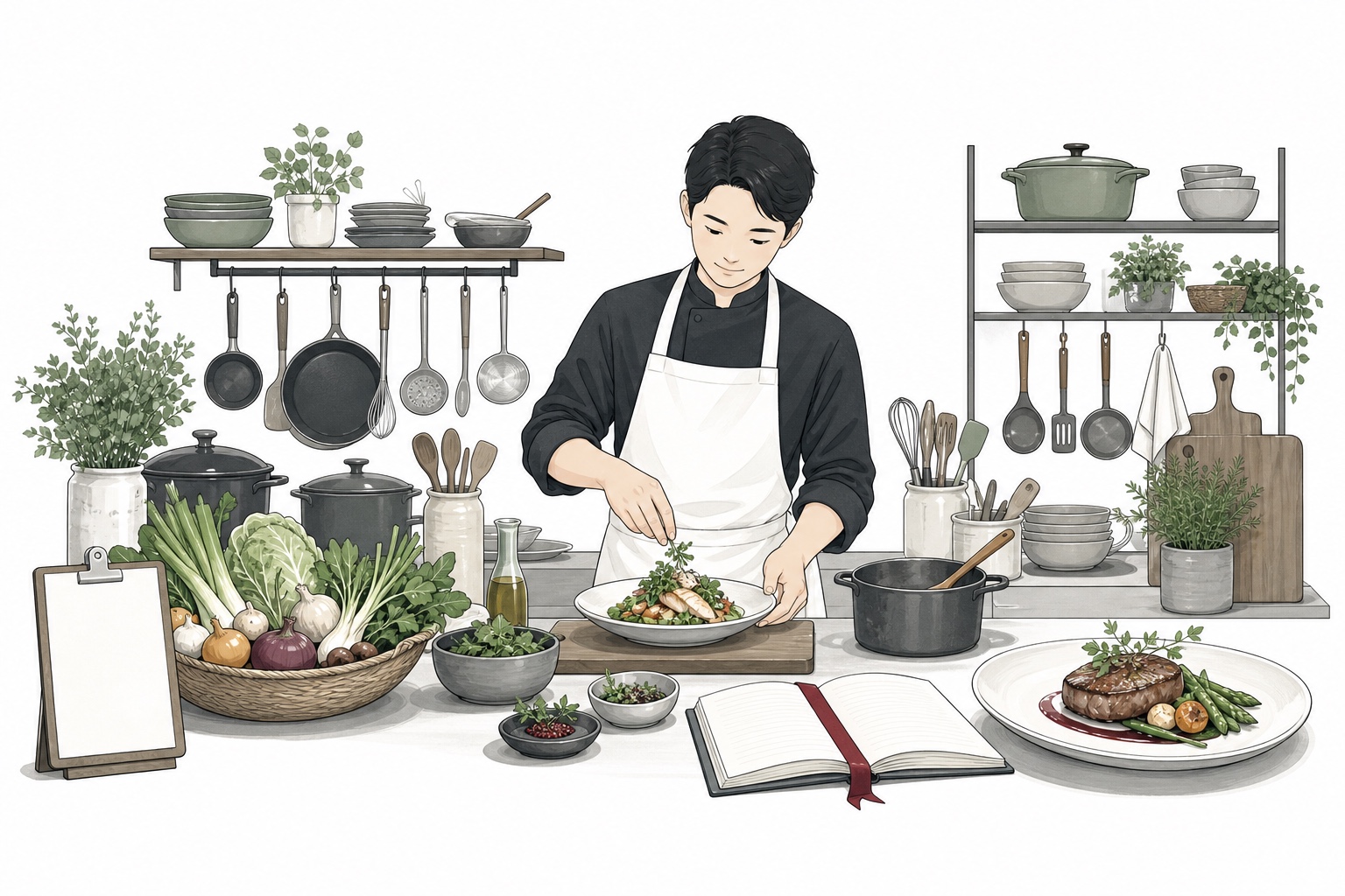주문서, 재료, 조리 도구, 작업 기록과 완성 음식을 갖춘 주방에서 AI 요리사가 요리하는 모습