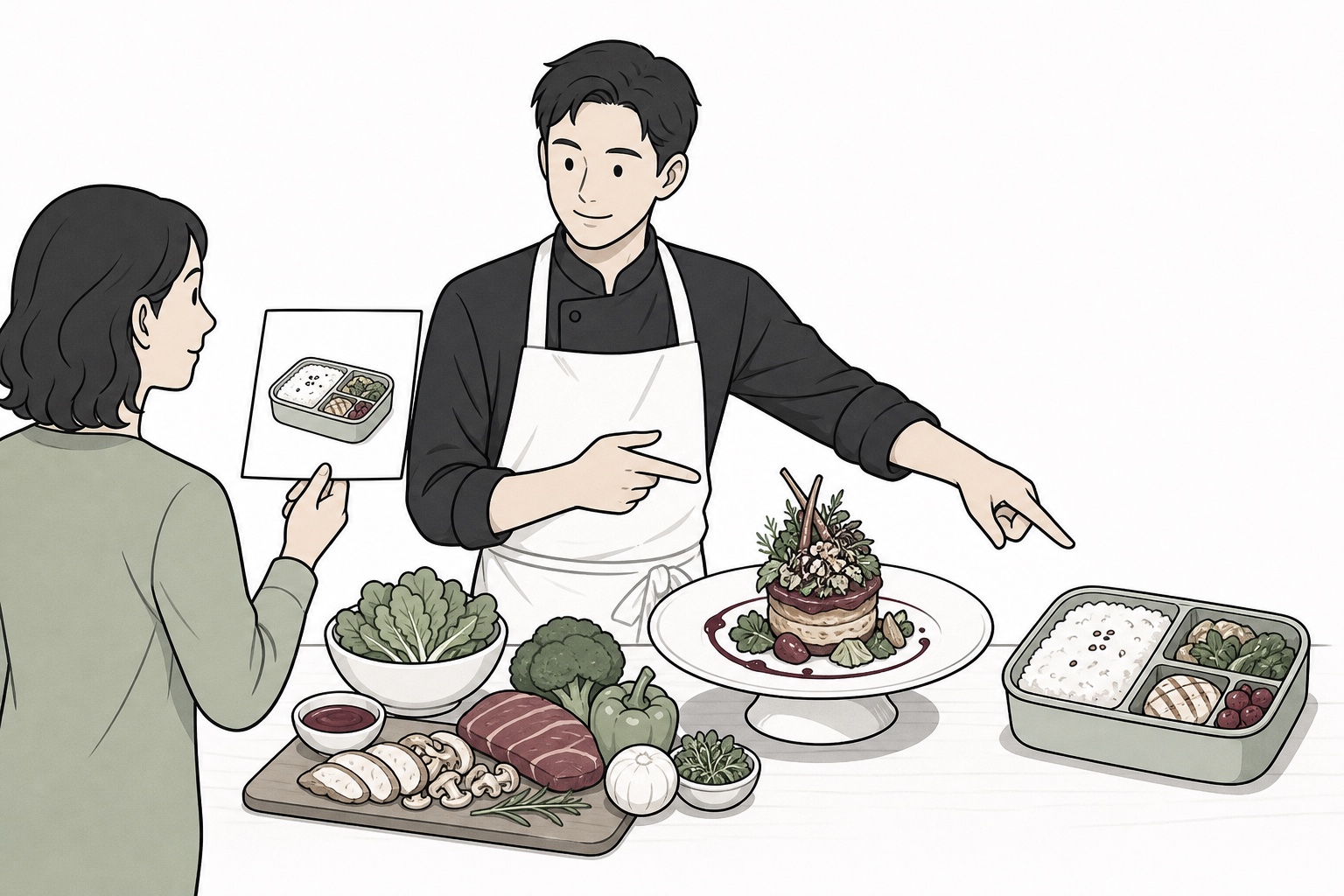 이동 중 먹을 도시락 주문서와 접시 요리를 비교하는 요리사