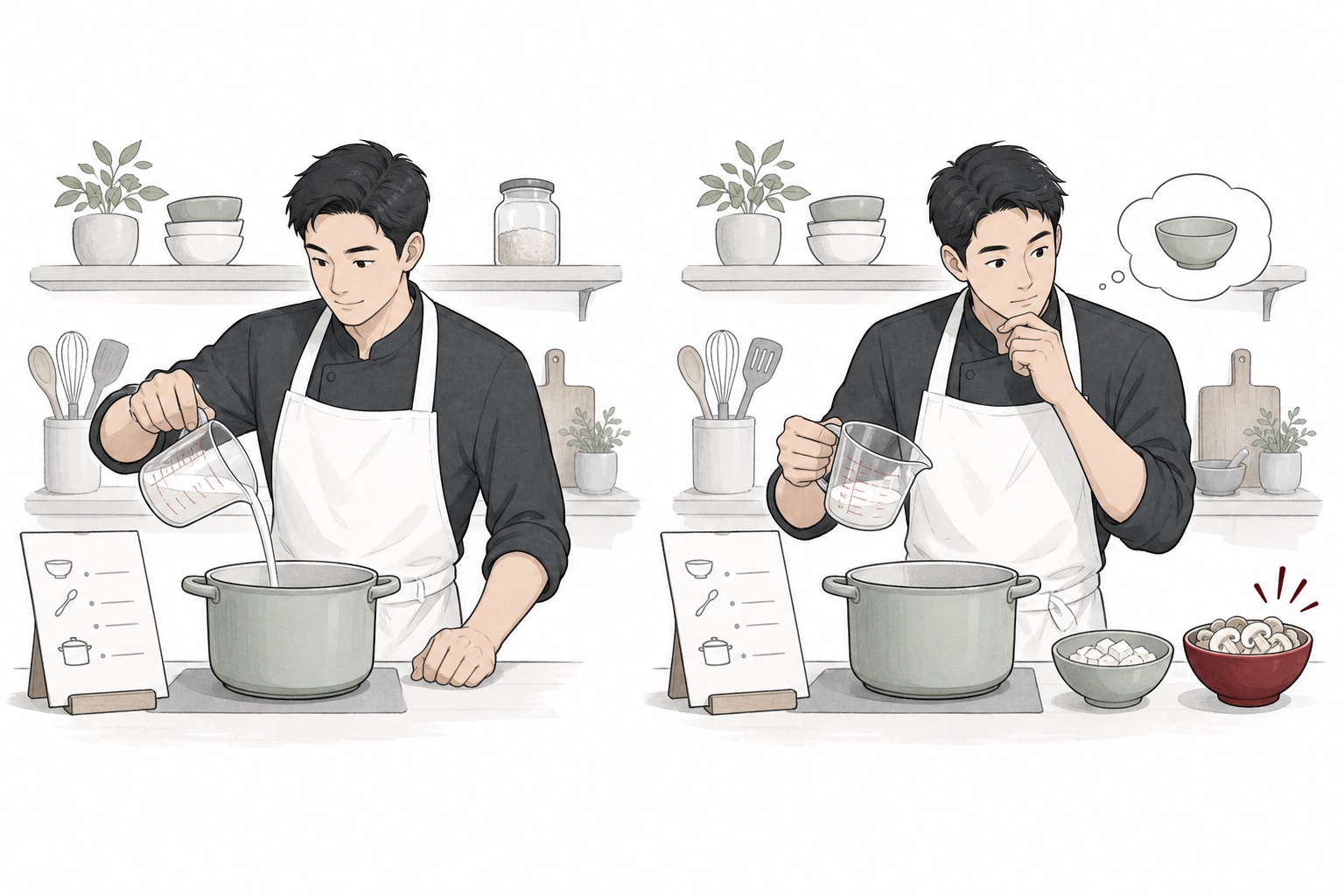 정해진 계량 조리와 부족한 재료를 대체하는 조리를 비교하는 요리사
