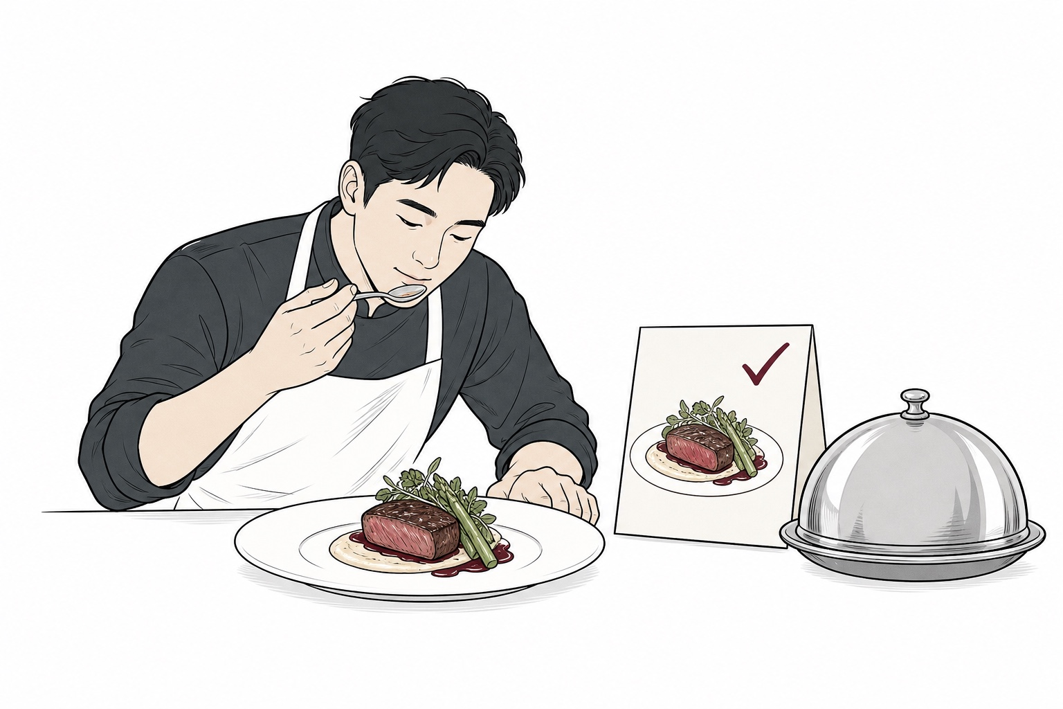 완성 벨 옆에서 음식을 맛보고 주문서와 대조하는 요리사