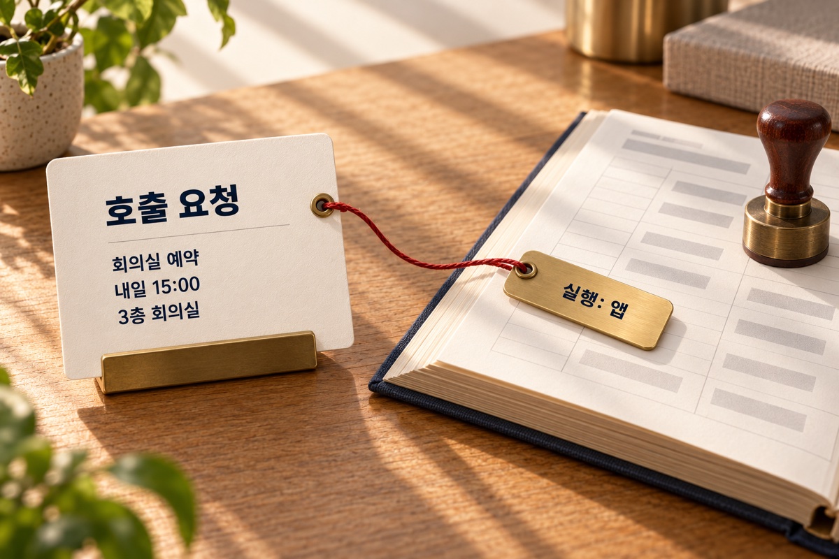 ‘호출 요청’ 카드에 ‘회의실 예약 · 내일 15:00 · 3층 회의실’이 적혀 있고, 붉은 실이 예약 장부 위 ‘실행: 앱’ 꼬리표로 이어져 있습니다.