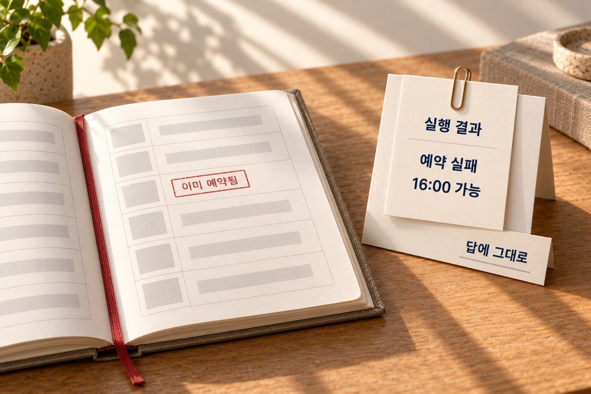 예약 장부의 한 칸에 ‘이미 예약됨’ 도장이 찍혀 있고, 옆 ‘실행 결과’ 카드에 ‘예약 실패 · 16:00 가능’이 적혀 ‘답에 그대로’ 카드에 클립으로 묶여 있습니다.