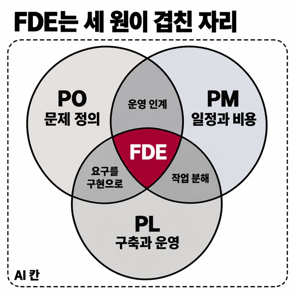 PO, PM, PL 세 원이 겹친 벤 다이어그램. PO는 문제 정의, PM은 일정과 비용, PL은 구축과 운영입니다. PO와 PM이 겹친 자리는 운영 인계, PO와 PL이 겹친 자리는 요구를 구현으로, PM과 PL이 겹친 자리는 작업 분해입니다. 세 원이 모두 겹친 가운데가 FDE이고, 세 원 바깥을 둘러싼 점선은 AI 칸입니다.