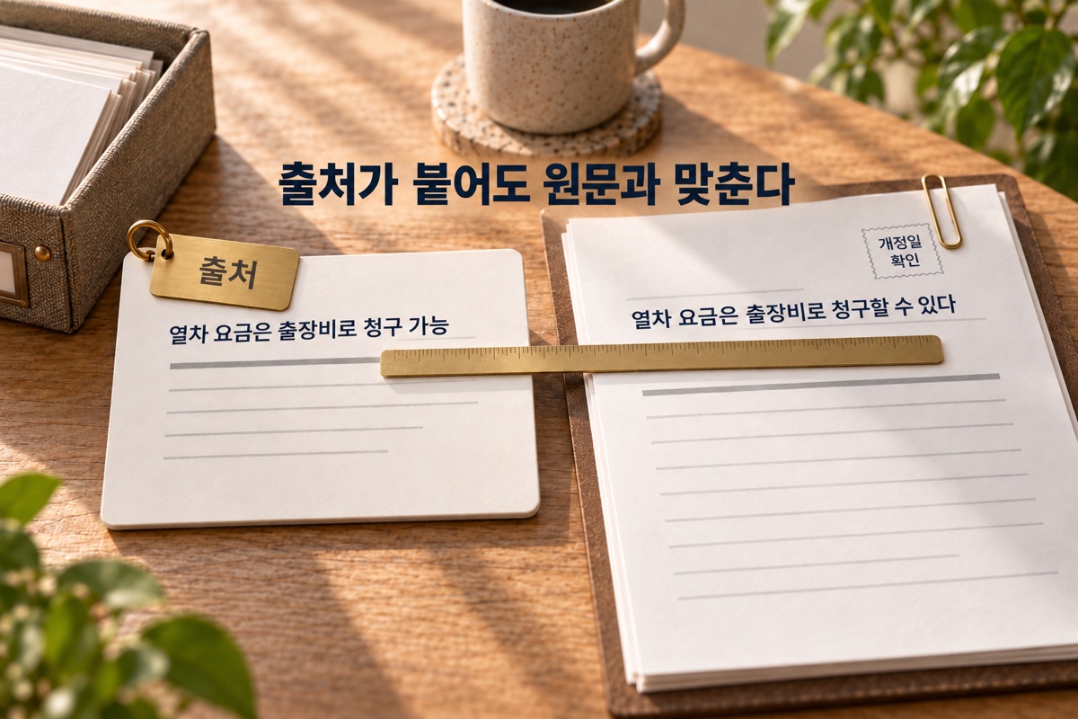 ‘출처가 붙어도 원문과 맞춘다’라는 제목 아래, ‘출처’ 꼬리표가 달린 답 카드의 문장 ‘열차 요금은 출장비로 청구 가능’과 원문의 문장 ‘열차 요금은 출장비로 청구할 수 있다’를 놋쇠 자가 나란히 맞추고 있습니다. 원문 모서리에는 ‘개정일 확인’ 도장이 있습니다.