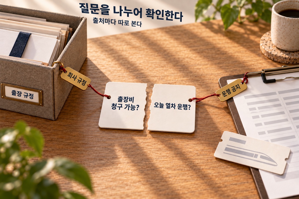 ‘질문을 나누어 확인한다’라는 제목 아래, 반으로 나뉜 질문 카드가 있습니다. ‘출장비 청구 가능?’ 조각은 ‘회사 규정’ 꼬리표로 출장 규정 상자에, ‘오늘 열차 운행?’ 조각은 ‘운행 공지’ 꼬리표로 열차 시간표 클립보드에 이어져 있습니다.