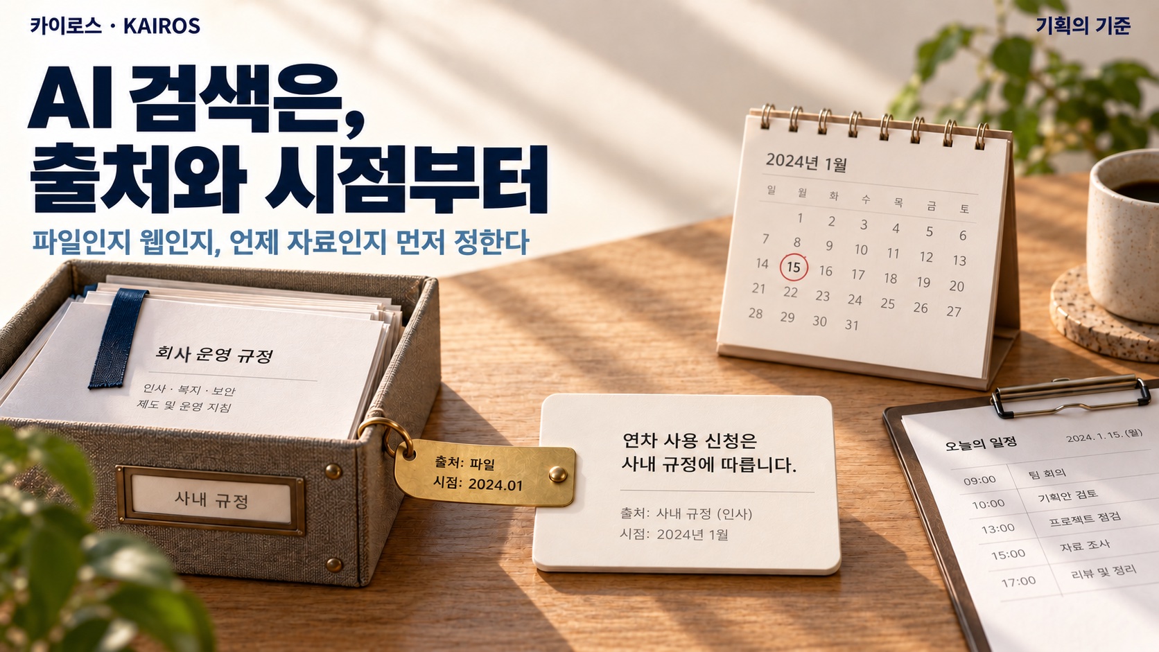 책상 위 회사 규정 상자, 달력, 오늘 일정표 사이에 출처와 시점 꼬리표가 달린 답 카드가 놓여 있고, 제목 ‘AI 검색은, 출처와 시점부터’와 부제 ‘파일인지 웹인지, 언제 자료인지 먼저 정한다’가 적혀 있습니다.