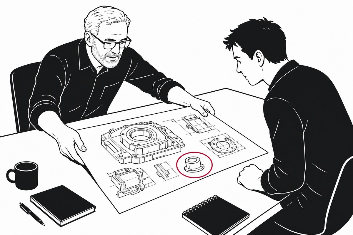 설계 리뷰 테이블에서 희끗한 수염의 베테랑 엔지니어가 도면을 젊은 엔지니어 쪽으로 밀어 건네고, 도면 위 부품 하나에 붉은 원이 그려져 있습니다.