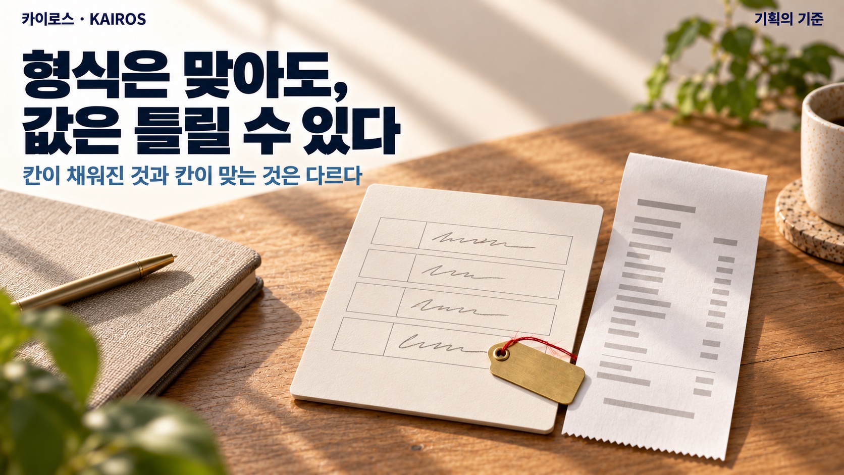 책상 위에 칸이 모두 채워진 경비 카드와 영수증이 놓여 있고, 금액 칸에만 붉은 실과 놋쇠 꼬리표가 달려 있습니다. 제목 ‘형식은 맞아도, 값은 틀릴 수 있다’와 부제 ‘칸이 채워진 것과 칸이 맞는 것은 다르다’가 적혀 있습니다.