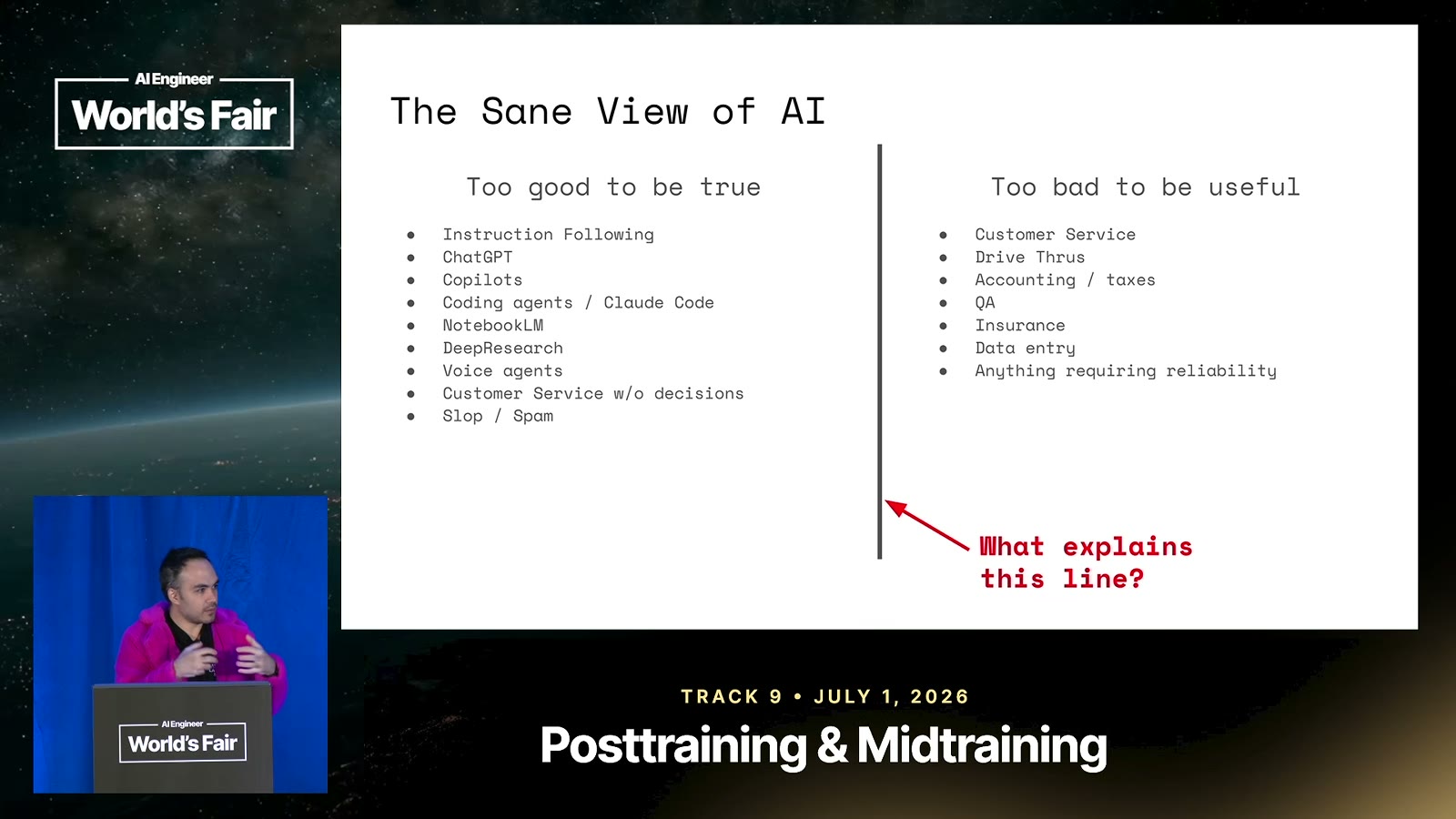 The Sane View of AI 슬라이드. 왼쪽 목록 Too good to be true에는 ChatGPT, 코딩 에이전트, 딥리서치가, 오른쪽 목록 Too bad to be useful에는 고객 상담, 회계, 데이터 입력이 있고 가운데 세로선에 What explains this line이라는 붉은 글씨가 달려 있다. 화면 한쪽에 발표 중인 Diogo Almeida가 작게 보인다.