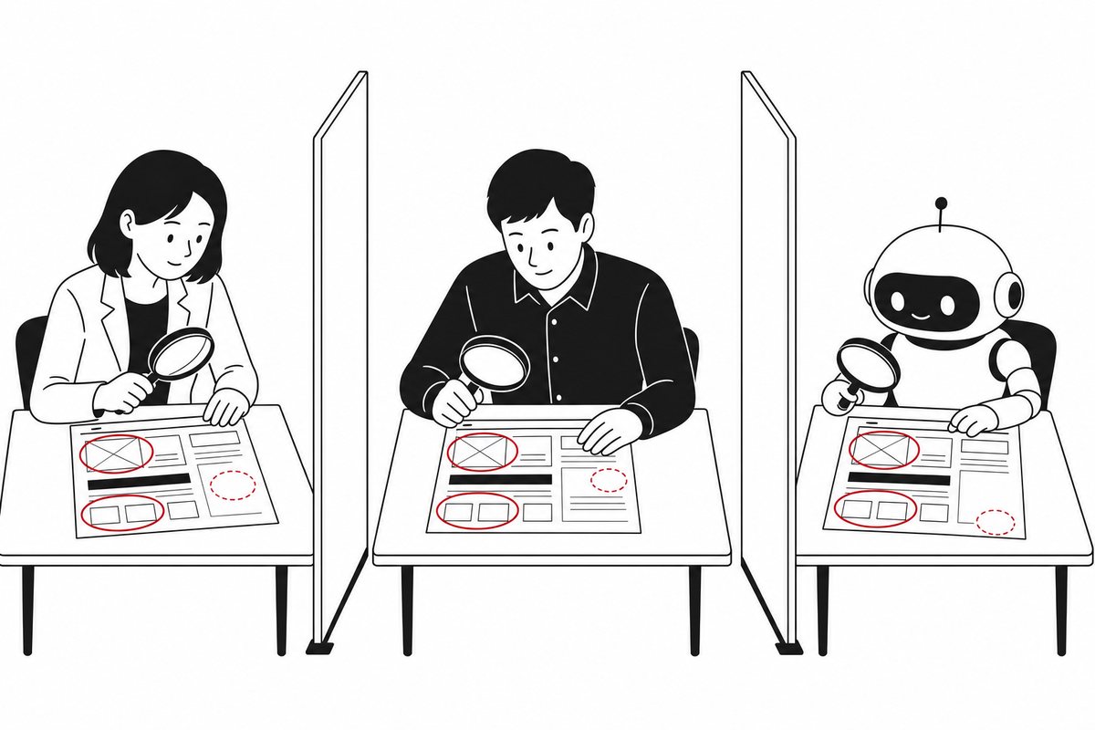 칸막이로 나뉜 책상 셋에서 두 사람과 로봇 하나가 같은 화면 인쇄물을 돋보기로 본다. 셋 다 같은 두 곳에 붉은 원을 쳤고, 한 곳씩은 서로 다르다.