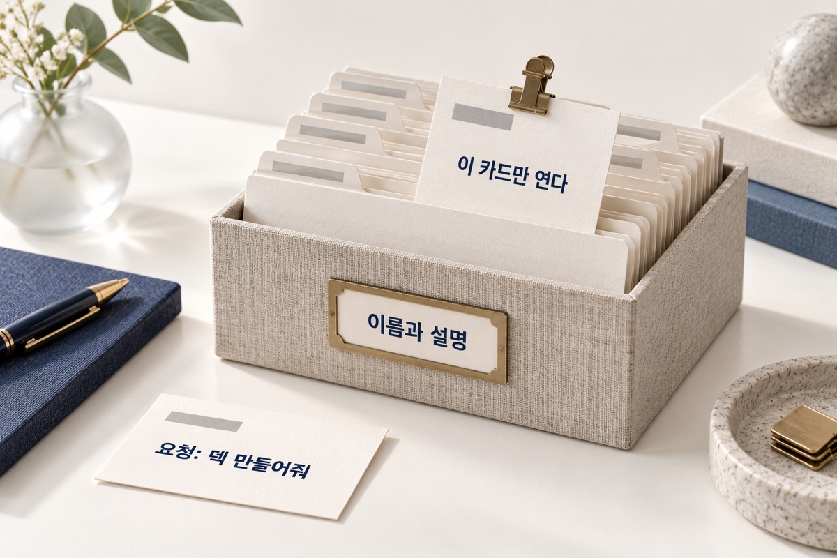 ‘이름과 설명’ 라벨이 붙은 색인 카드 상자에서 ‘이 카드만 연다’라고 적힌 카드 한 장만 클립에 물려 뽑혀 있고, 앞에 ‘요청: 덱 만들어줘’ 쪽지가 놓여 있습니다.