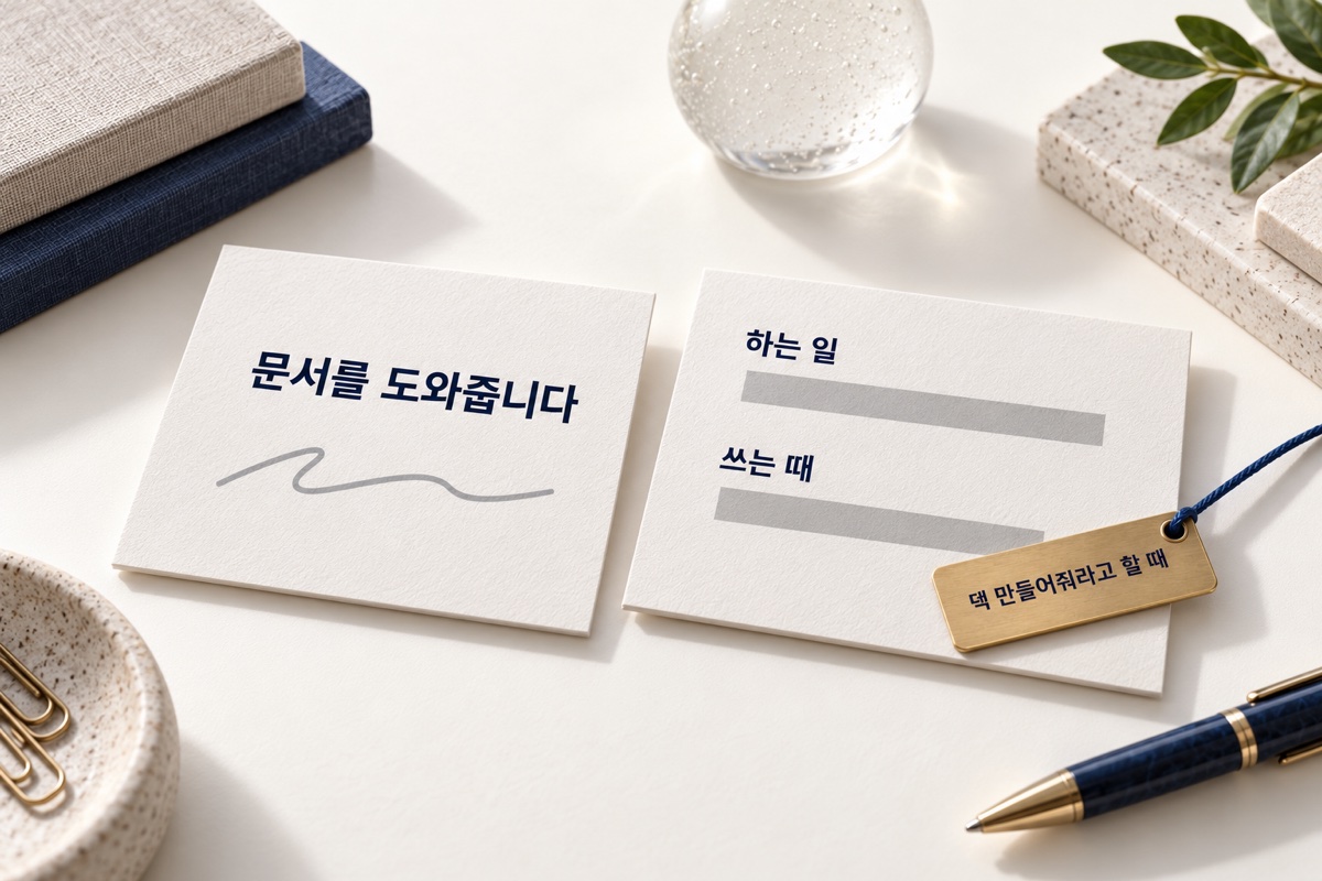 왼쪽 카드에는 ‘문서를 도와줍니다’ 한 줄만, 오른쪽 카드에는 ‘하는 일’과 ‘쓰는 때’가 적혀 있고 ‘덱 만들어줘라고 할 때’ 꼬리표가 달려 있습니다.