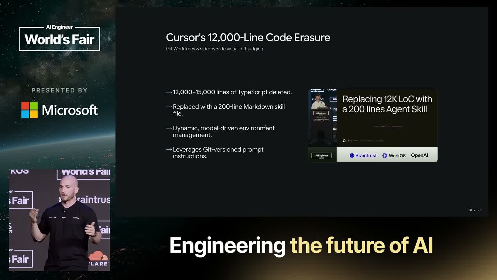 Cursor's 12,000-Line Code Erasure 슬라이드. TypeScript 1만 2천에서 1만 5천 줄을 지우고 200줄짜리 마크다운 스킬 파일로 바꿨다는 목록이 있다.