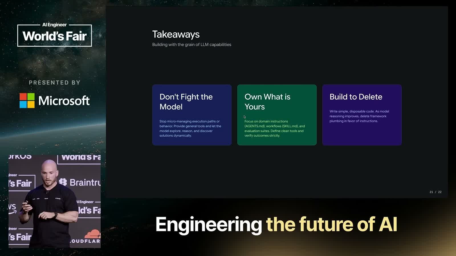 Takeaways 슬라이드. Don't Fight the Model, Own What is Yours, Build to Delete 세 카드가 있고, 가운데 초록 카드에는 도메인 지시문과 작업 흐름, 평가 세트에 집중하라고 적혀 있다.
