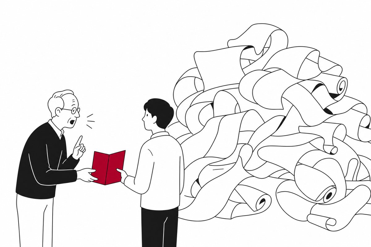 선임이 설명을 시작하려다 멈추고 접힌 지도 한 장을 건네고, 신입이 그 지도를 들고 복잡한 문서 더미를 바라봅니다.